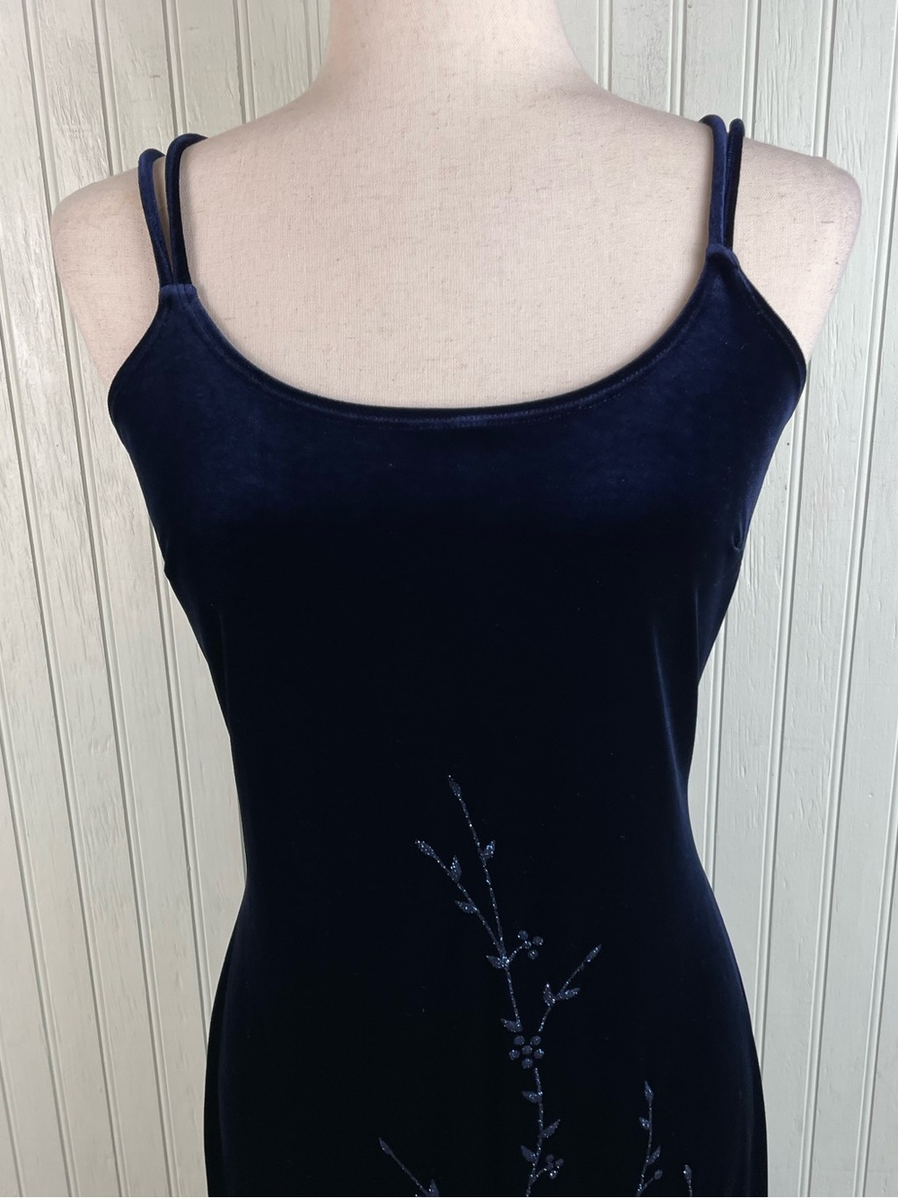 Vintage 90s Y2K Deep Blue Velvet Glitter Flower Maxi Dress Whimsigoth Fairycore - Picture 3 of 12